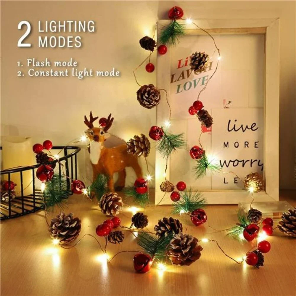 Christmas Decoration Pine Cone Red Berry Garland Lights Battery Powered
